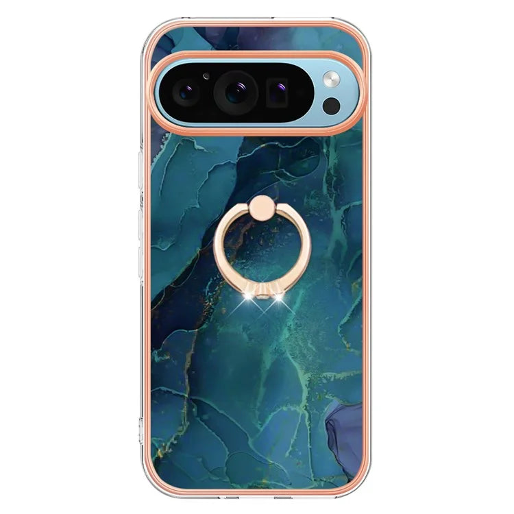 YB IMD Series-17 Style-E For Google Pixel 9 / Pixel 9 Pro TPU Case Electroplating Kickstand Marble Pattern Cover