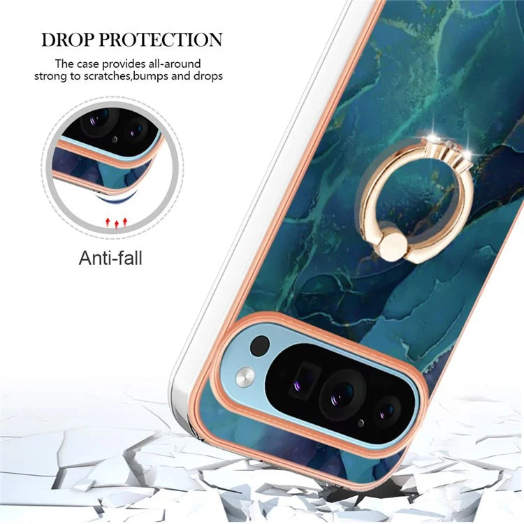 YB IMD Series-17 Style-E For Google Pixel 9 / Pixel 9 Pro TPU Case Electroplating Kickstand Marble Pattern Cover