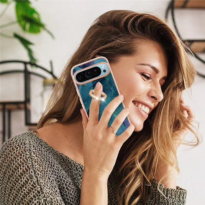 YB IMD Series-17 Style-E For Google Pixel 9 / Pixel 9 Pro TPU Case Electroplating Kickstand Marble Pattern Cover