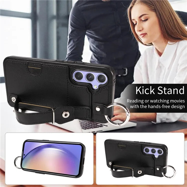 008 For Samsung Galaxy A54 5G Phone Case with Wrist Strap Kickstand Leather+TPU Shell