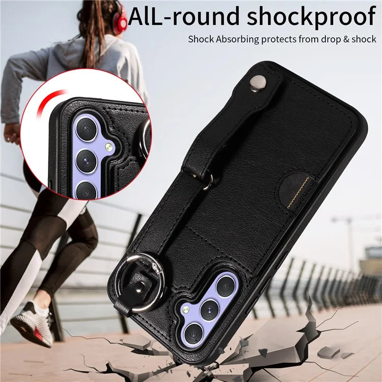 008 For Samsung Galaxy A54 5G Phone Case with Wrist Strap Kickstand Leather+TPU Shell