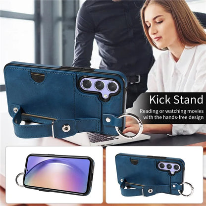 008 For Samsung Galaxy A54 5G Phone Case with Wrist Strap Kickstand Leather+TPU Shell
