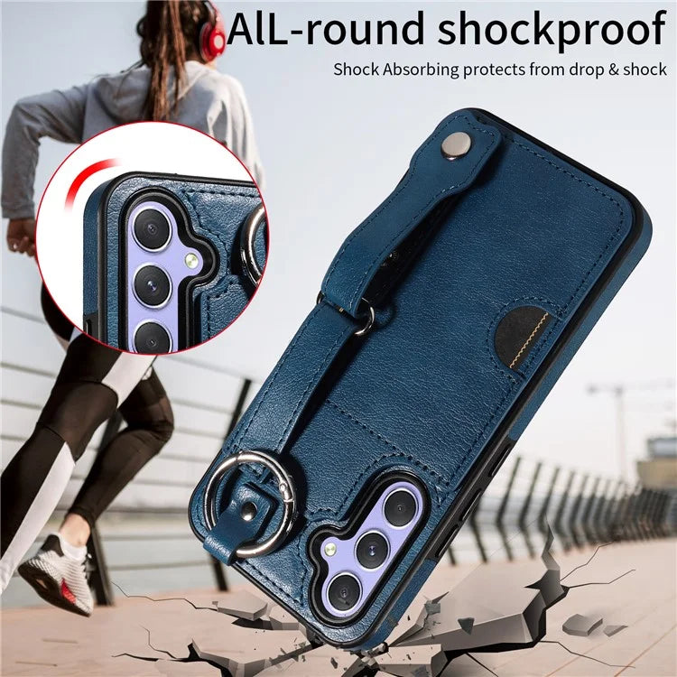008 For Samsung Galaxy A54 5G Phone Case with Wrist Strap Kickstand Leather+TPU Shell