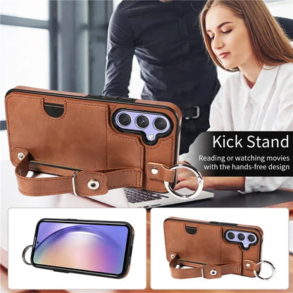008 For Samsung Galaxy A54 5G Phone Case with Wrist Strap Kickstand Leather+TPU Shell