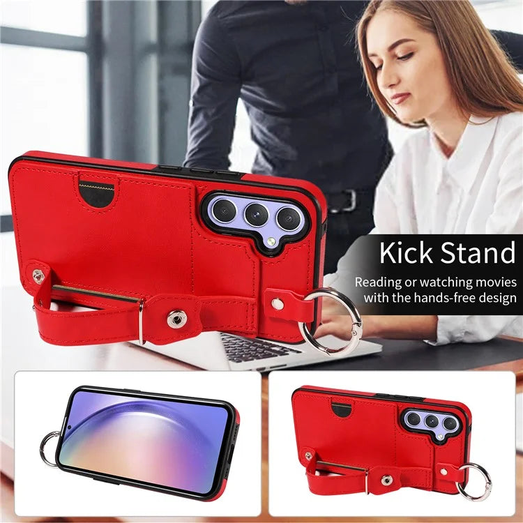 008 For Samsung Galaxy A54 5G Phone Case with Wrist Strap Kickstand Leather+TPU Shell