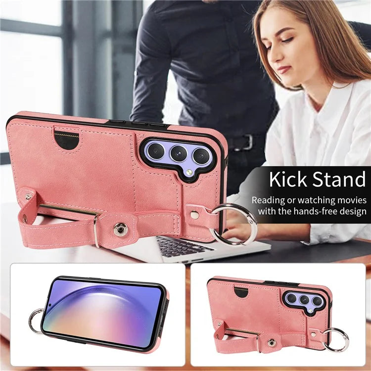 008 For Samsung Galaxy A54 5G Phone Case with Wrist Strap Kickstand Leather+TPU Shell