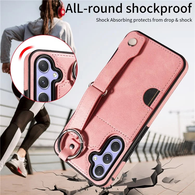 008 For Samsung Galaxy A54 5G Phone Case with Wrist Strap Kickstand Leather+TPU Shell