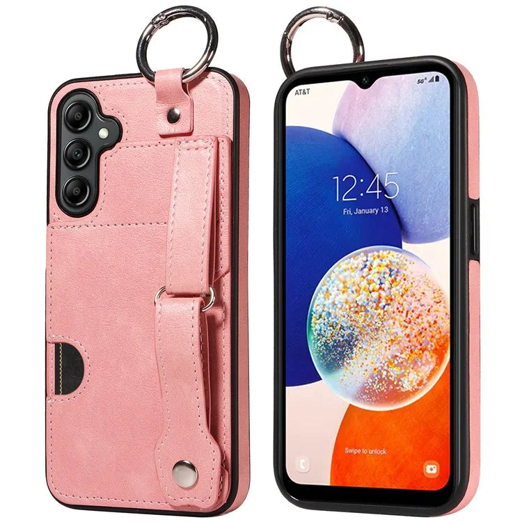 008 For Samsung Galaxy A14 5G / 4G Case Kickstand Leather TPU Phone Cover with Wrist Strap