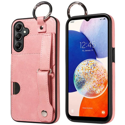 008 For Samsung Galaxy A14 5G / 4G Case Kickstand Leather TPU Phone Cover with Wrist Strap