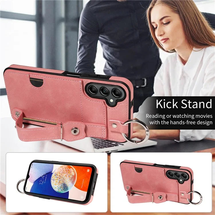 008 For Samsung Galaxy A14 5G / 4G Case Kickstand Leather TPU Phone Cover with Wrist Strap