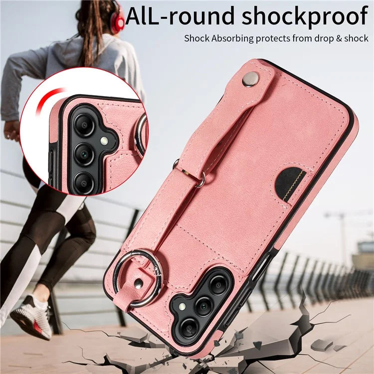 008 For Samsung Galaxy A14 5G / 4G Case Kickstand Leather TPU Phone Cover with Wrist Strap