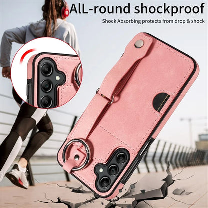 008 For Samsung Galaxy A14 5G / 4G Case Kickstand Leather TPU Phone Cover with Wrist Strap