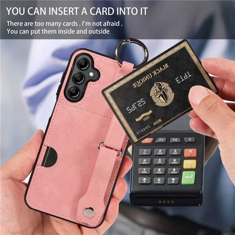 008 For Samsung Galaxy A14 5G / 4G Case Kickstand Leather TPU Phone Cover with Wrist Strap