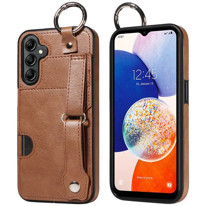 008 For Samsung Galaxy A14 5G / 4G Case Kickstand Leather TPU Phone Cover with Wrist Strap