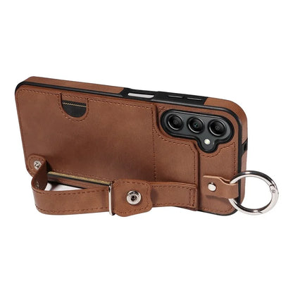 008 For Samsung Galaxy A14 5G / 4G Case Kickstand Leather TPU Phone Cover with Wrist Strap