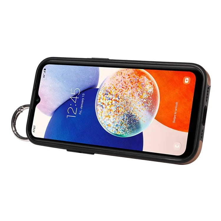 008 For Samsung Galaxy A14 5G / 4G Case Kickstand Leather TPU Phone Cover with Wrist Strap
