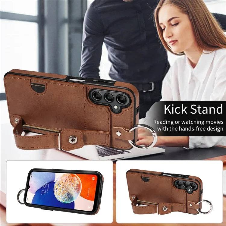 008 For Samsung Galaxy A14 5G / 4G Case Kickstand Leather TPU Phone Cover with Wrist Strap