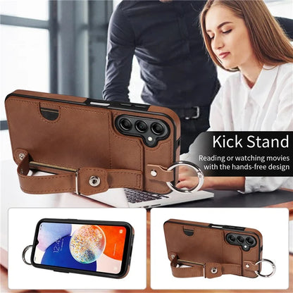 008 For Samsung Galaxy A14 5G / 4G Case Kickstand Leather TPU Phone Cover with Wrist Strap