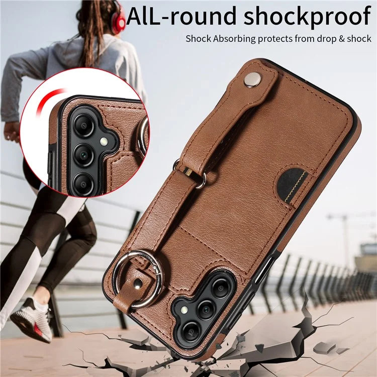 008 For Samsung Galaxy A14 5G / 4G Case Kickstand Leather TPU Phone Cover with Wrist Strap