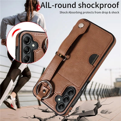 008 For Samsung Galaxy A14 5G / 4G Case Kickstand Leather TPU Phone Cover with Wrist Strap
