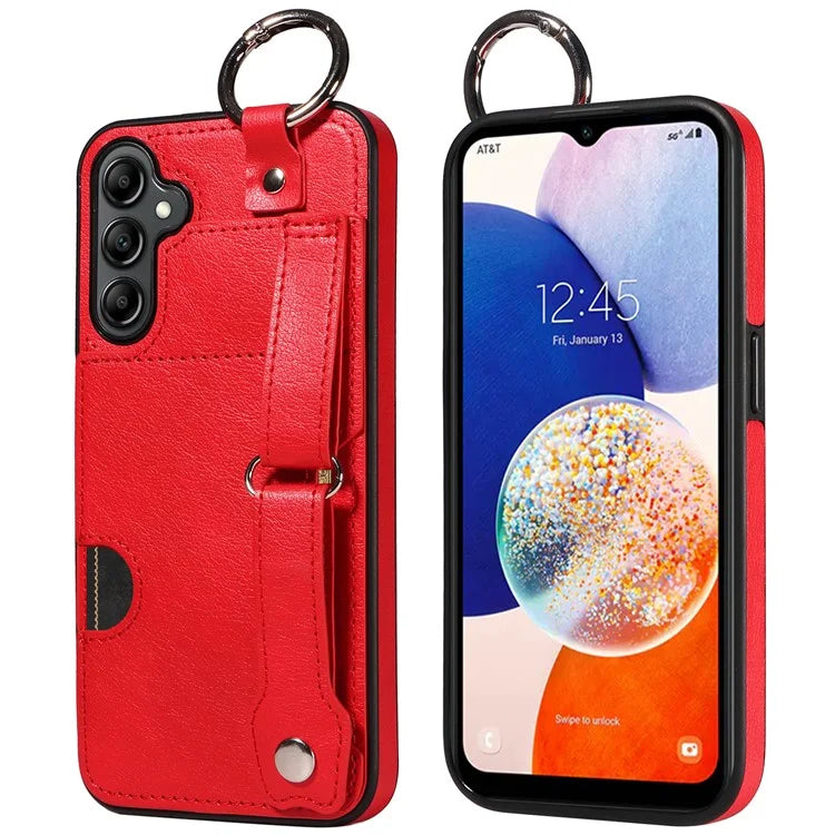 008 For Samsung Galaxy A14 5G / 4G Case Kickstand Leather TPU Phone Cover with Wrist Strap
