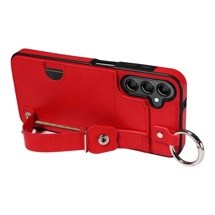 008 For Samsung Galaxy A14 5G / 4G Case Kickstand Leather TPU Phone Cover with Wrist Strap