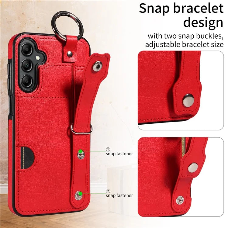008 For Samsung Galaxy A14 5G / 4G Case Kickstand Leather TPU Phone Cover with Wrist Strap