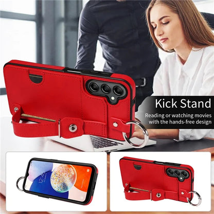 008 For Samsung Galaxy A14 5G / 4G Case Kickstand Leather TPU Phone Cover with Wrist Strap