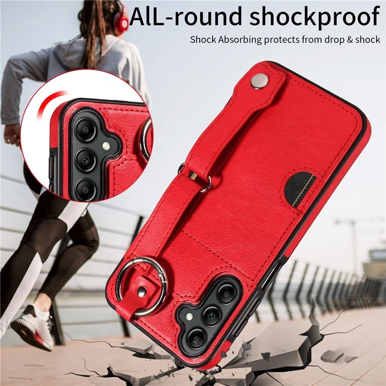 008 For Samsung Galaxy A14 5G / 4G Case Kickstand Leather TPU Phone Cover with Wrist Strap