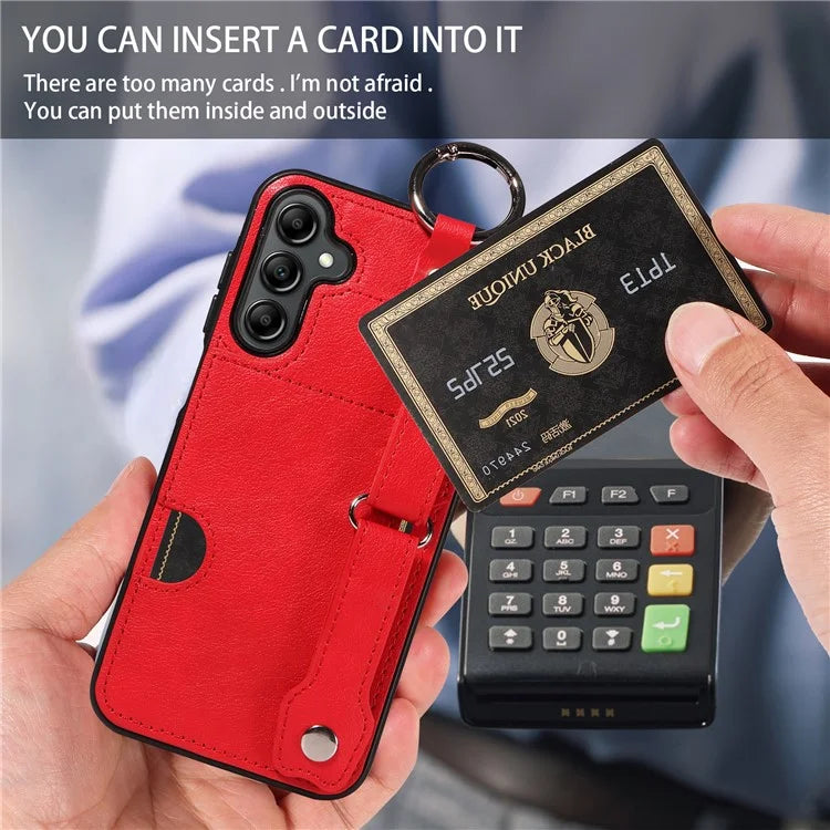 008 For Samsung Galaxy A14 5G / 4G Case Kickstand Leather TPU Phone Cover with Wrist Strap