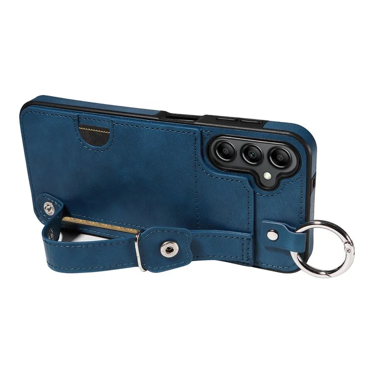 008 For Samsung Galaxy A14 5G / 4G Case Kickstand Leather TPU Phone Cover with Wrist Strap