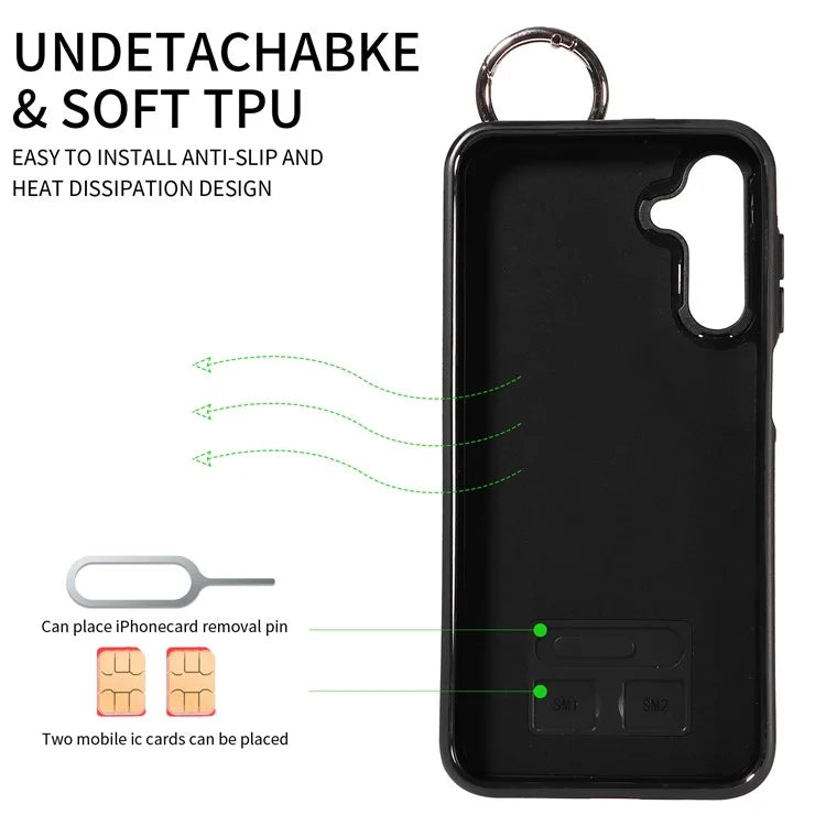 008 For Samsung Galaxy A14 5G / 4G Case Kickstand Leather TPU Phone Cover with Wrist Strap