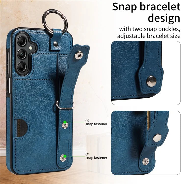 008 For Samsung Galaxy A14 5G / 4G Case Kickstand Leather TPU Phone Cover with Wrist Strap