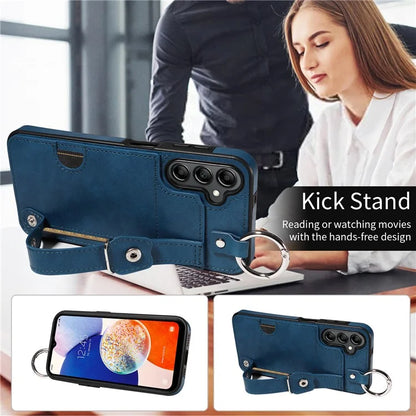 008 For Samsung Galaxy A14 5G / 4G Case Kickstand Leather TPU Phone Cover with Wrist Strap
