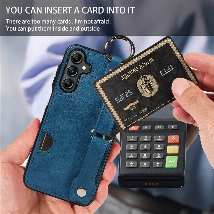 008 For Samsung Galaxy A14 5G / 4G Case Kickstand Leather TPU Phone Cover with Wrist Strap