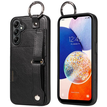 008 For Samsung Galaxy A14 5G / 4G Case Kickstand Leather TPU Phone Cover with Wrist Strap