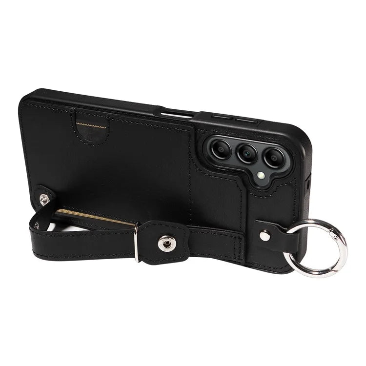 008 For Samsung Galaxy A14 5G / 4G Case Kickstand Leather TPU Phone Cover with Wrist Strap