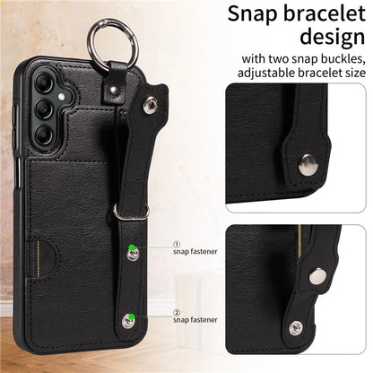 008 For Samsung Galaxy A14 5G / 4G Case Kickstand Leather TPU Phone Cover with Wrist Strap