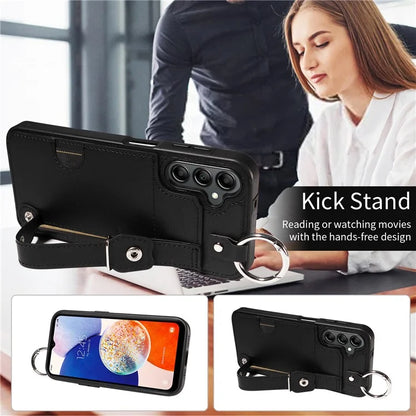 008 For Samsung Galaxy A14 5G / 4G Case Kickstand Leather TPU Phone Cover with Wrist Strap