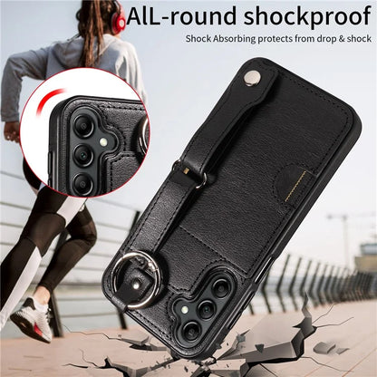 008 For Samsung Galaxy A14 5G / 4G Case Kickstand Leather TPU Phone Cover with Wrist Strap