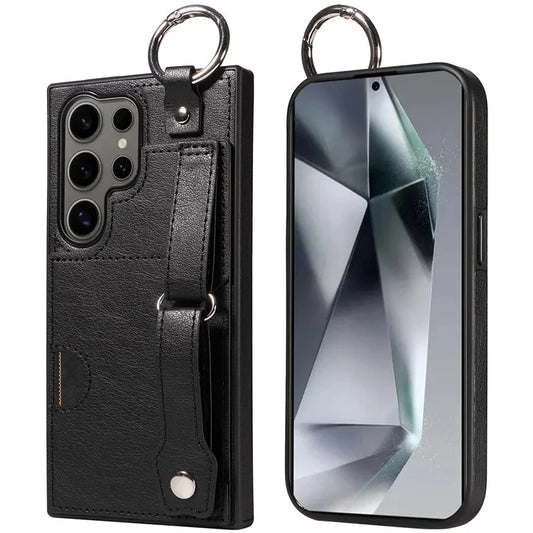 008 For Samsung Galaxy S24 Ultra Kickstand Case Leather TPU Phone Cover with Wrist Strap