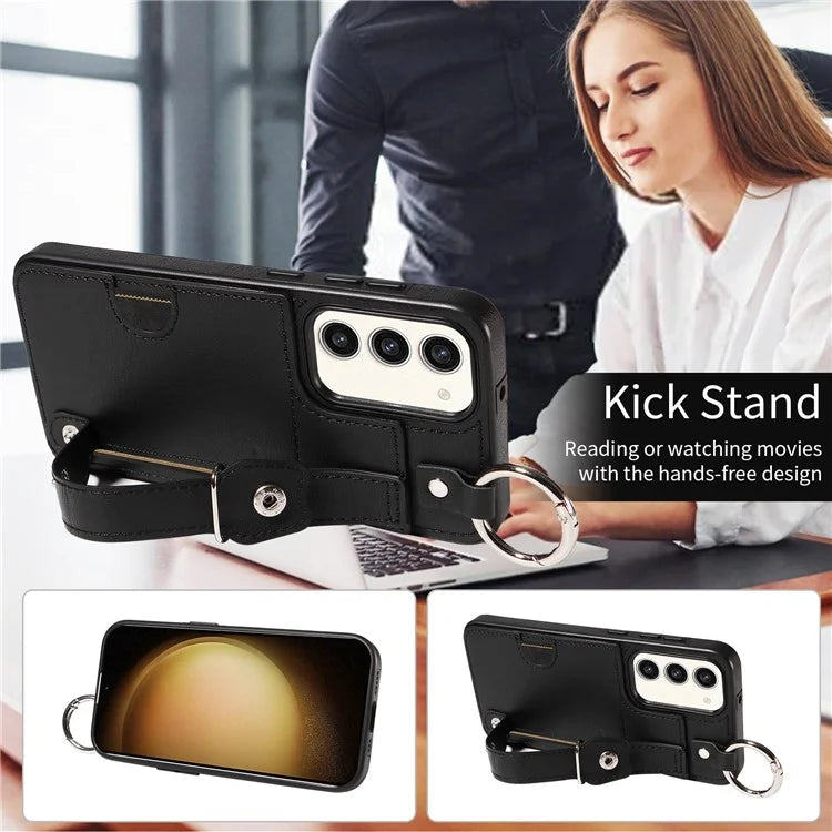 008 For Samsung Galaxy S23+ Kickstand Case Anti-Dorp PU+TPU Phone Cover with Ring Buckle