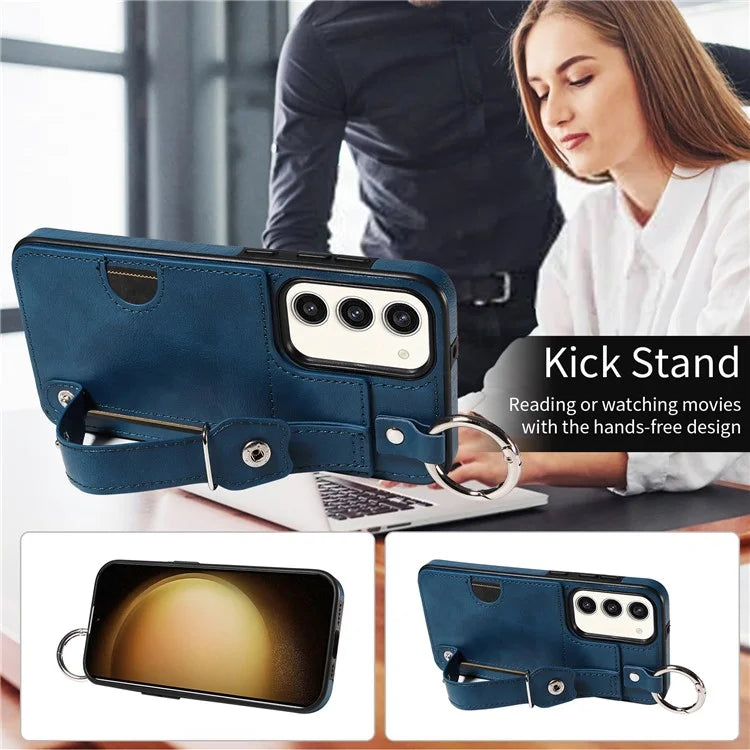 008 For Samsung Galaxy S23+ Kickstand Case Anti-Dorp PU+TPU Phone Cover with Ring Buckle