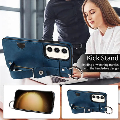 008 For Samsung Galaxy S23+ Kickstand Case Anti-Dorp PU+TPU Phone Cover with Ring Buckle