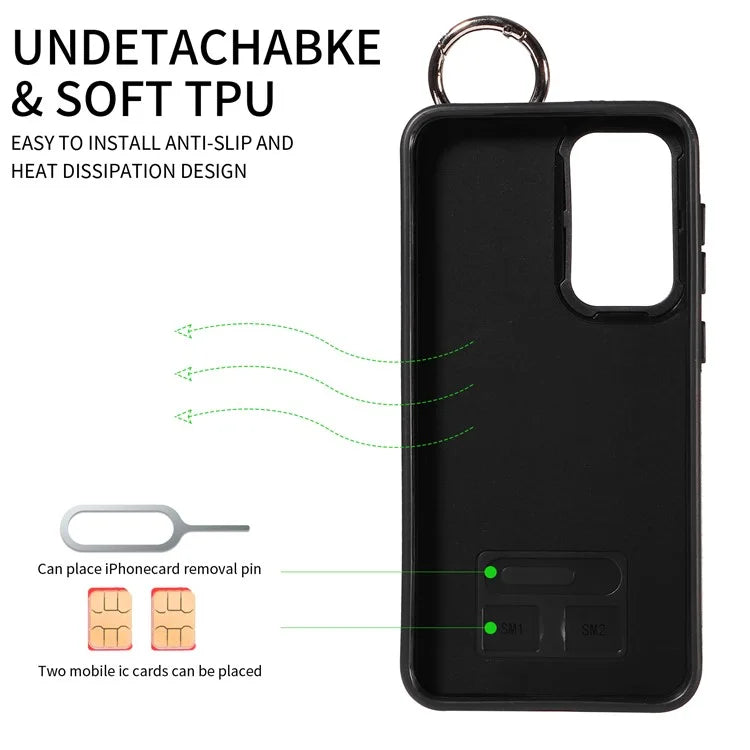 008 For Samsung Galaxy S23+ Kickstand Case Anti-Dorp PU+TPU Phone Cover with Ring Buckle