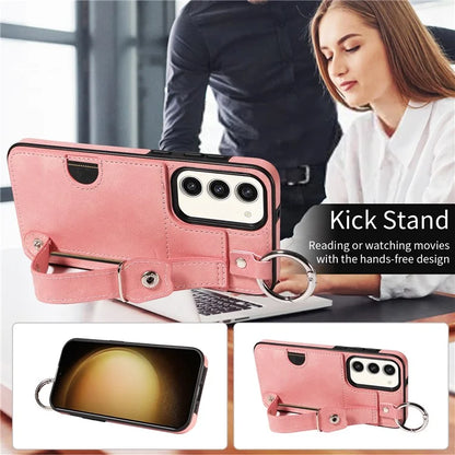 008 For Samsung Galaxy S23+ Kickstand Case Anti-Dorp PU+TPU Phone Cover with Ring Buckle