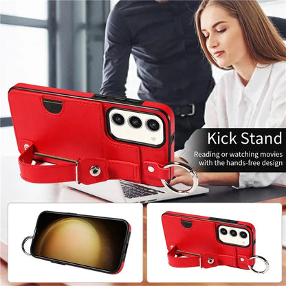 008 For Samsung Galaxy S23+ Kickstand Case Anti-Dorp PU+TPU Phone Cover with Ring Buckle