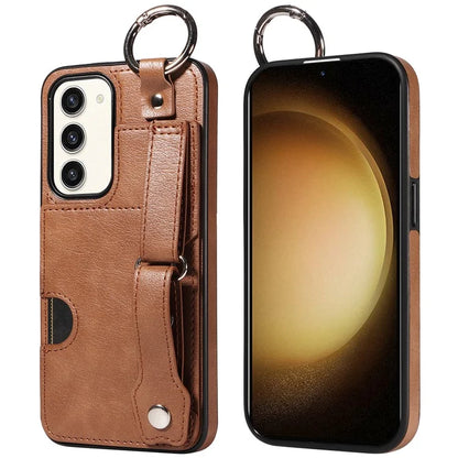 008 For Samsung Galaxy S23+ Kickstand Case Anti-Dorp PU+TPU Phone Cover with Ring Buckle