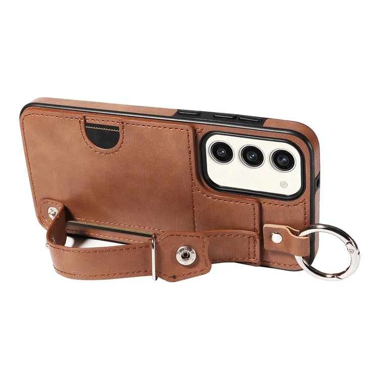 008 For Samsung Galaxy S23+ Kickstand Case Anti-Dorp PU+TPU Phone Cover with Ring Buckle