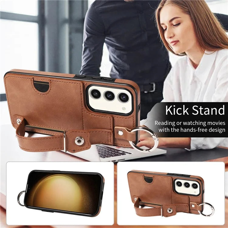 008 For Samsung Galaxy S23+ Kickstand Case Anti-Dorp PU+TPU Phone Cover with Ring Buckle